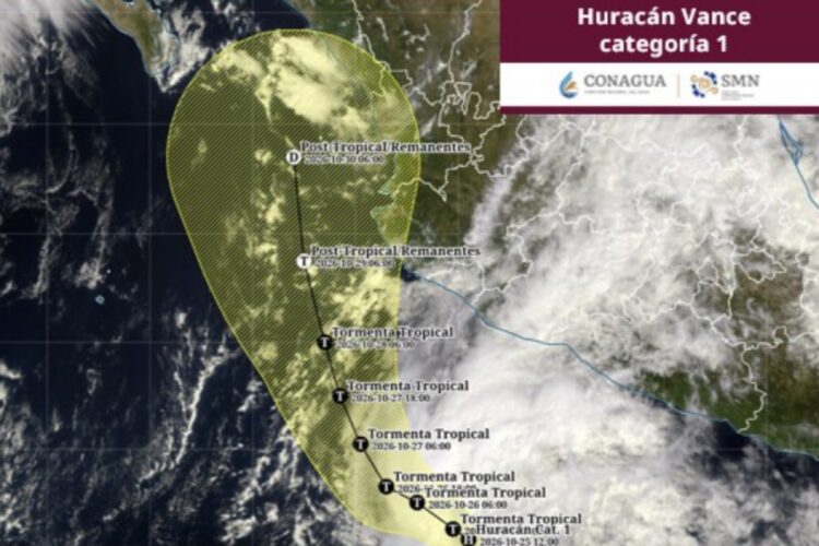 Mapa con la trayectoria pronosticada del huracán Vance en el océano Pacífico y su evolución a sistema postropical.