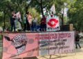 Sindicatos mexicanos protestan frente a Orbia por su colaboración con el genocidio en Palestina. AMEXI/Foto: Florentino López