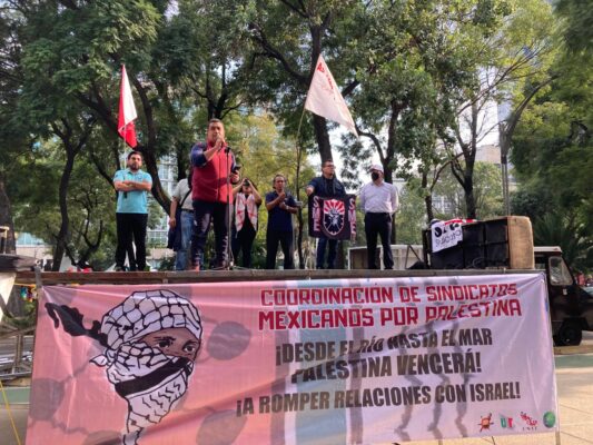 Centrales sindicales exigen a Orbia desinvertir en Netafim por su vínculo con el sionismo israelí. AMEXI/Foto: Florentino López