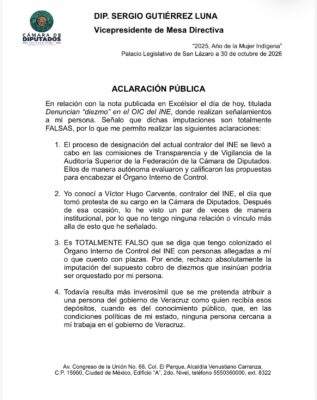 Sergio Gutiérrez Luna rechaza señalamientos por presunto cobro de "diezmos" en el OIC del INE. AMEXI/Foto: @Sergeluna_S