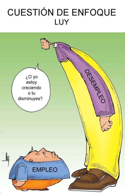 Caricatura política de LUY titulada Cuestión de enfoque: el desempleo aparece como una figura gigante frente a un empleo diminuto y cuestiona si crece o disminuye.