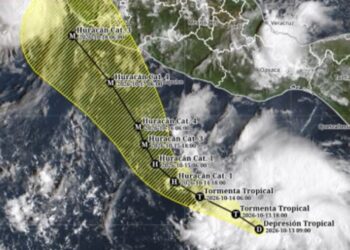 Mapa con la trayectoria pronosticada de la depresión tropical Veintiuno-E frente a las costas del Pacífico mexicano.