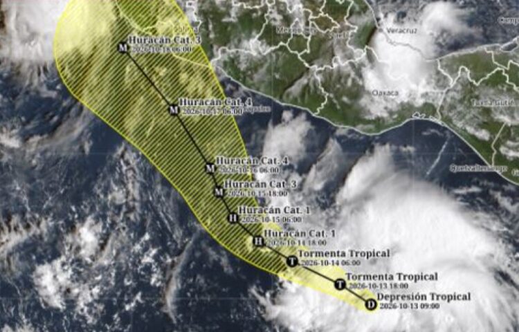 Mapa con la trayectoria pronosticada de la depresión tropical Veintiuno-E frente a las costas del Pacífico mexicano.