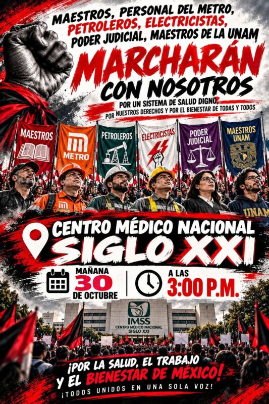Trabajadores del IMSS se movilizan en 17 estados; exigen renuncia de Rafael Olivos. AMEXI/Foto: Compañeros IMSS CDMX