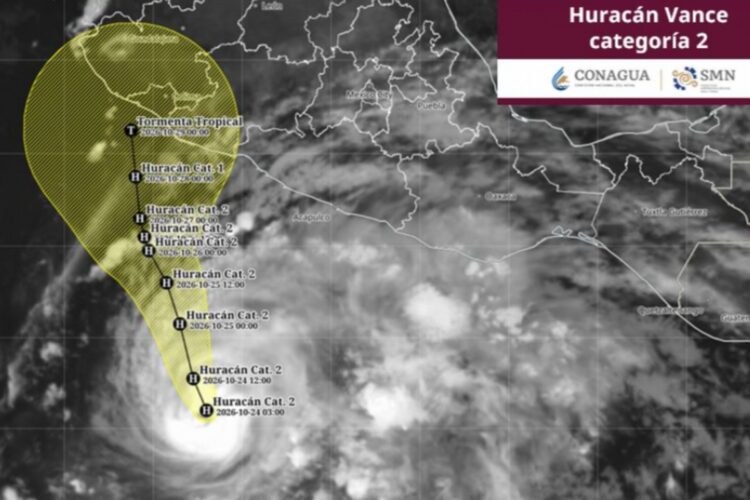 Mapa de la trayectoria pronosticada del huracán Vance frente a las costas del Pacífico mexicano, con su aproximación a Colima el 28 de octubre.