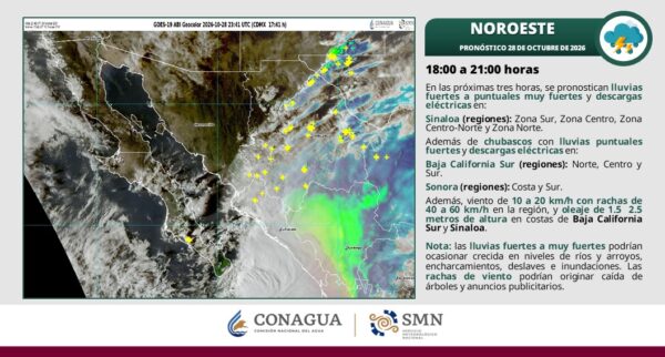 Tormenta tropical "Vance" provoca suspensión de clases vespertinas en Sinaloa. AMEXI/Foto: @conagua_clima