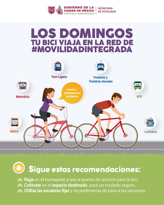 Los ciclistas pueden abordar el Metro, Metrobús, Tren Ligero, Trolebús, Trolebús elevado, RTP y Cablebús