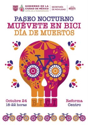 Rodada nocturna de Día de Muertos recorrerá 26 kilómetros por Reforma. AMEXI/Foto: Muevéte en Bici CDMX en Facebook