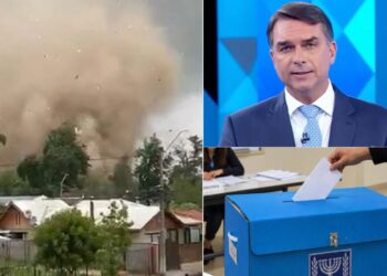 Collage del Radar Informativo Internacional del 27 de octubre de 2026: tornado en Chile, Flávio Bolsonaro sale de Brasil y elecciones legislativas en Israel. La edición también aborda el cese al fuego en Oleshky, Ucrania.