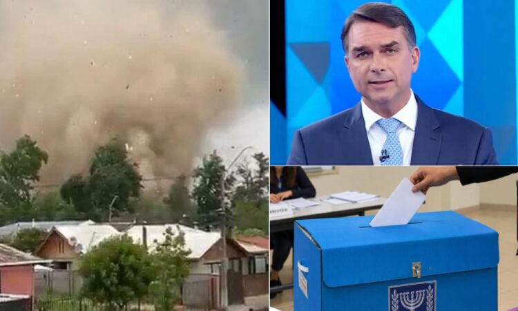 Collage del Radar Informativo Internacional del 27 de octubre de 2026: tornado en Chile, Flávio Bolsonaro sale de Brasil y elecciones legislativas en Israel. La edición también aborda el cese al fuego en Oleshky, Ucrania.