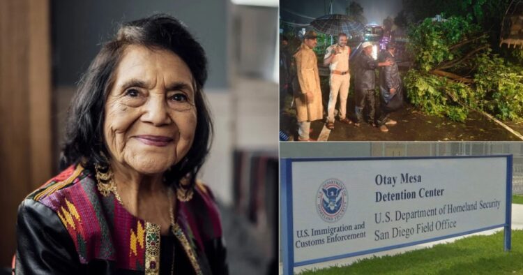 Collage del Radar Informativo Internacional del 28 de octubre de 2026: retrato de Dolores Huerta, afectaciones del ciclón Arnab en India y letrero del Centro de Detención Otay Mesa de ICE en Estados Unidos.