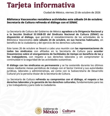 Biblioteca Vasconcelos reabre sus puertas tras diálogo con el SINAC:. AMEXI/Foto: @VSCLS