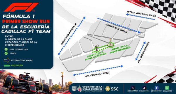 Reforma cerrará carriles centrales este miércoles por evento de Fórmula 1. AMEXI/Foto: @OVIALCDMX