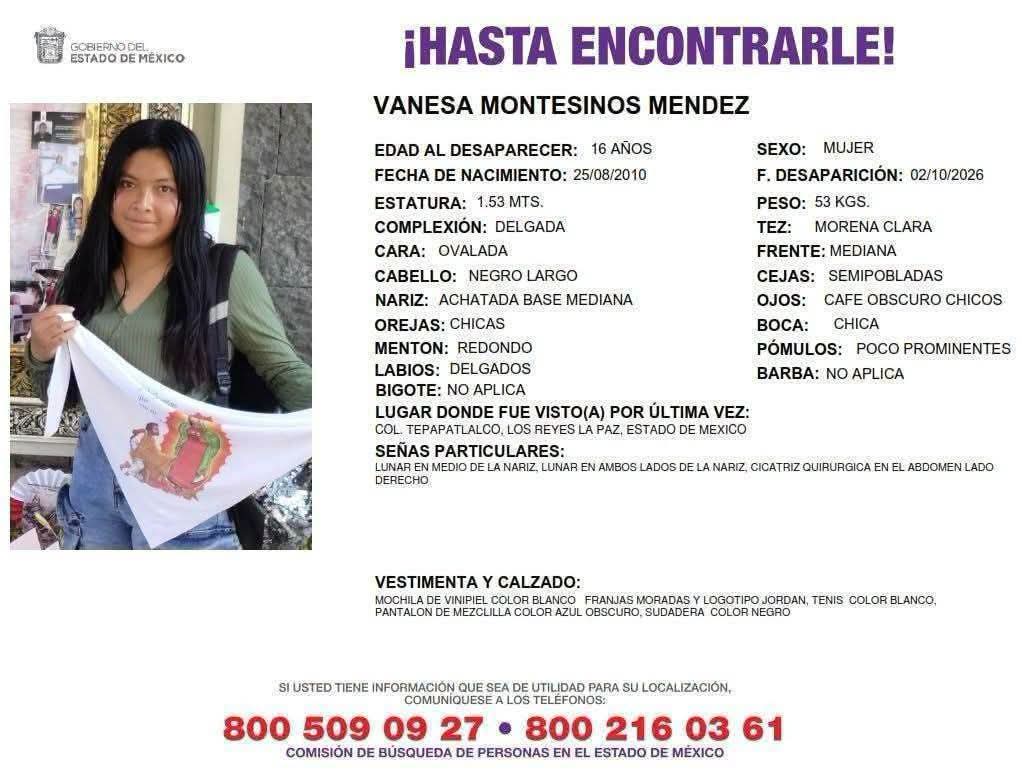 Vanesa fue vista por última vez en Tepapatlalco, dentro del municipio de La Paz, y no regresó a su domicilio, por lo que desde hace 5 días se reportó su desaparición