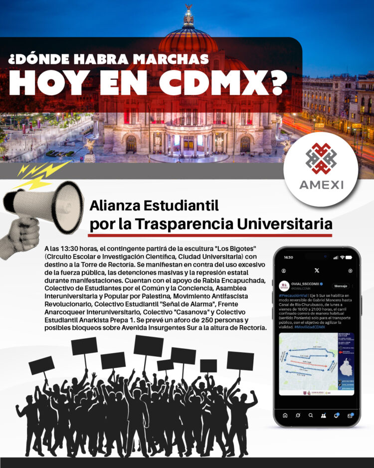Infografía con horarios, ubicaciones y recorridos de las marchas y concentraciones previstas en Ciudad de México el 16 de octubre de 2026.