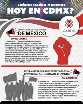 Infografía con información sobre las marchas y movilizaciones sociales programadas en la Ciudad de México este 15 de octubre de 2026, con horarios, puntos de concentración y demandas.
