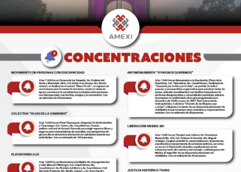 Infografía con las marchas y concentraciones programadas en la Ciudad de México este sábado 24 de octubre de 2026, con horarios y ubicaciones.