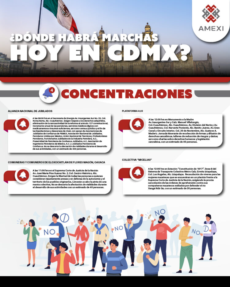 Infografía con horarios y ubicaciones de las marchas y concentraciones previstas en CDMX este miércoles 28 de octubre de 2026.
