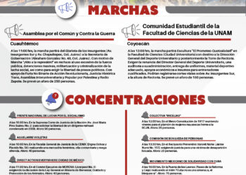 Infografía con los horarios, puntos de reunión y rutas de las marchas y concentraciones programadas en CDMX este jueves 29 de octubre.
